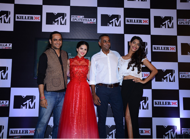 MTV Splitsvilla 7 (L-R) - Vikas Gupta (Programming Head - MTV), Sunny Leone (Host -MTV Splitsvilla 7), Aditya Swamy (Head - MTV) and MTV VJ Gaelyn Mendonca