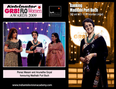 Penaz Masani and Anuradha Goyal honouring Madhabi Puri Buch